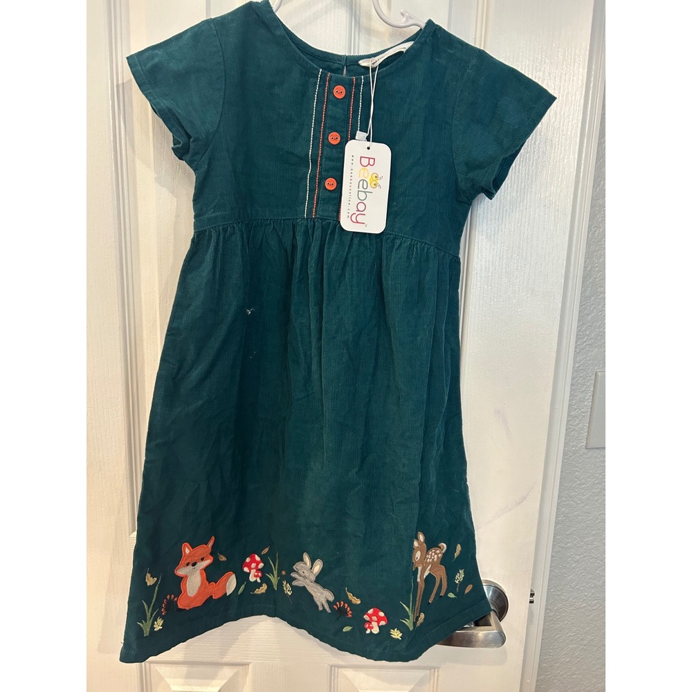 Beebay Corduroy Dress Green Woodland Embroidered Fox Deer Rabbit 7Y New